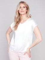 Charlie B Spring/Summer 2024-C1330RPK-416B-V Neck Satin Jersey-Natural - The Coach Pyramids