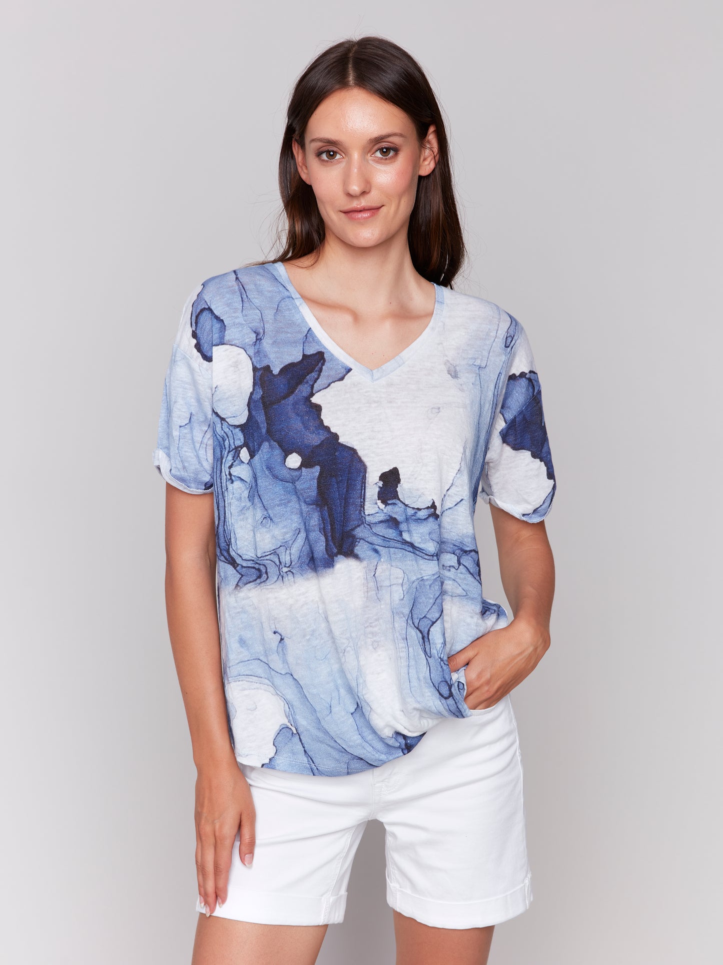 Charlie B Spring/Summer 2025-C1335TPK-P062-Printed V Neck S/S Top W/Twisted Front-Ink - The Coach Pyramids