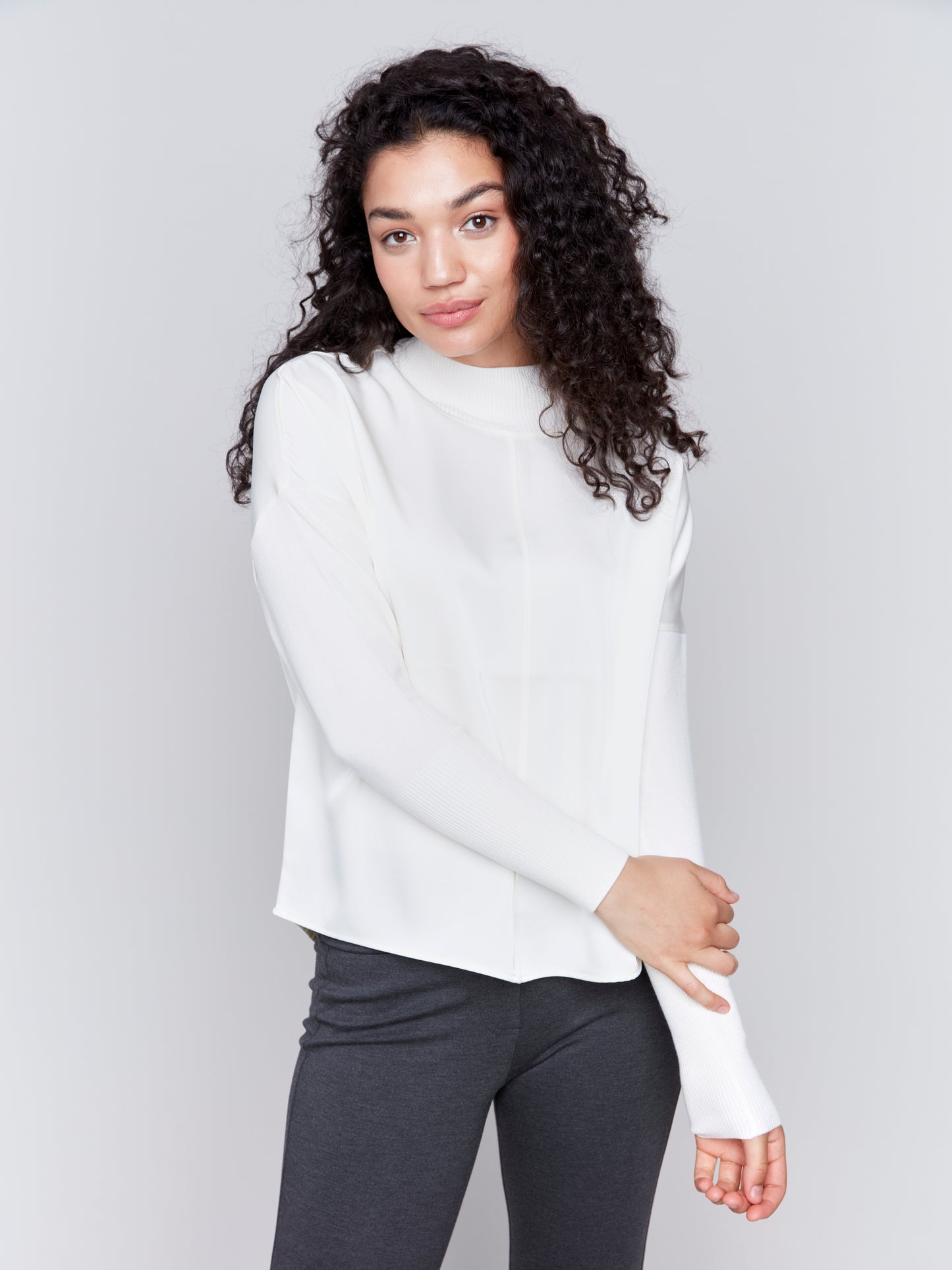 Charlie B Fall 2024-C1345R-276-Mock Neck Satin Knit Combo Sweater-Ecru - The Coach Pyramids