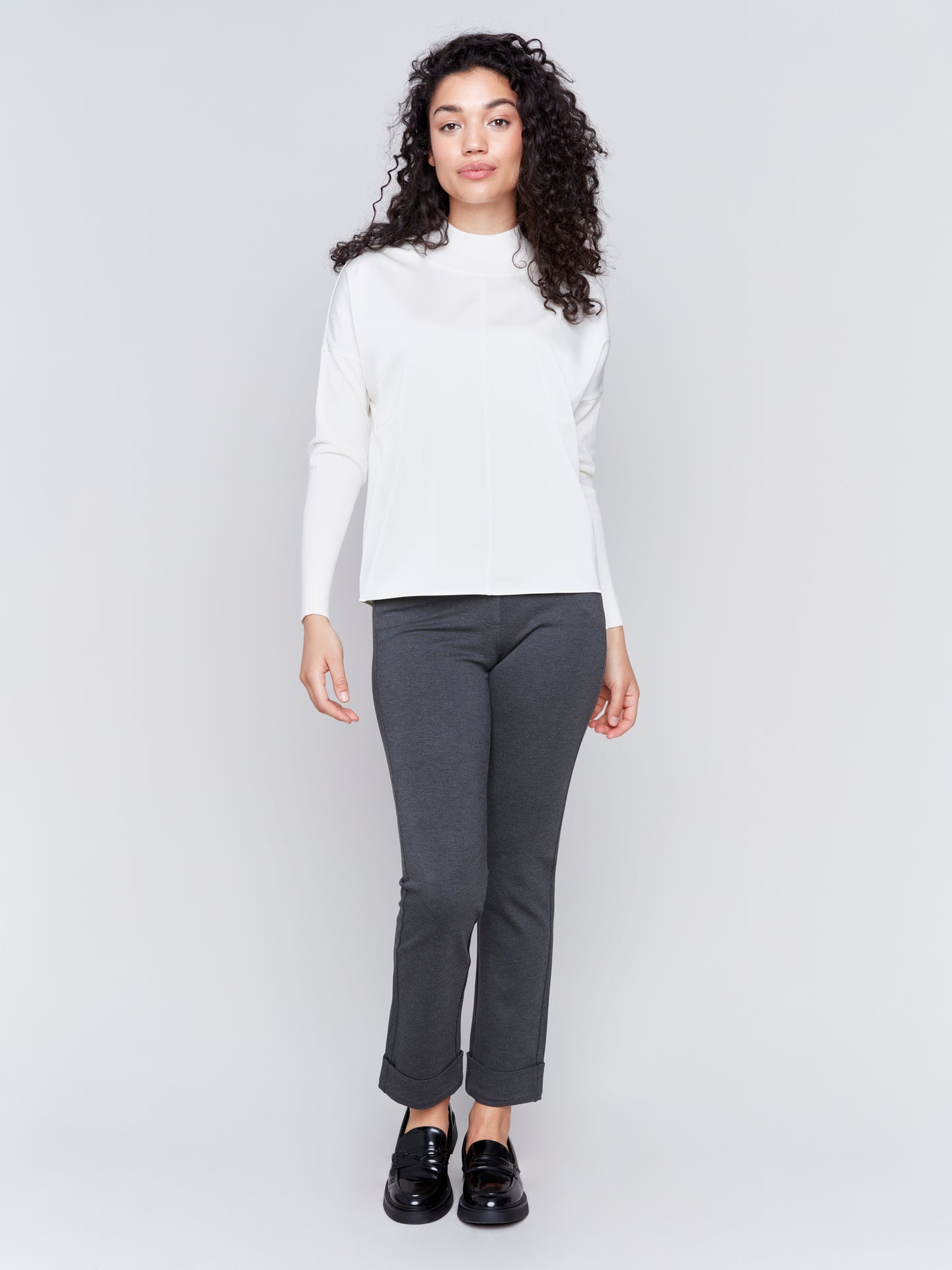 Charlie B Fall 2024-C1345R-276-Mock Neck Satin Knit Combo Sweater-Ecru - The Coach Pyramids