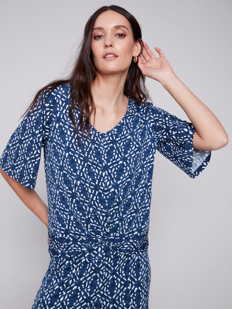 Charlie B Spring/Summer 2024-C1360-818B-V Neck Top-Indigo