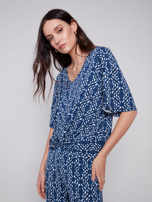 Charlie B Spring/Summer 2024-C1360-818B-V Neck Top-Indigo - The Coach Pyramids