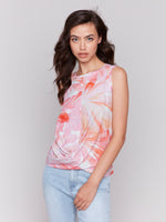 Charlie B Spring/Summer 2025-C1365PPK-P694-Printed Cotton Slub Tank Top W/Knot Detail-Begonia