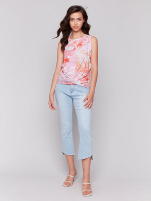 Charlie B Spring/Summer 2025-C1365PPK-P694-Printed Cotton Slub Tank Top W/Knot Detail-Begonia