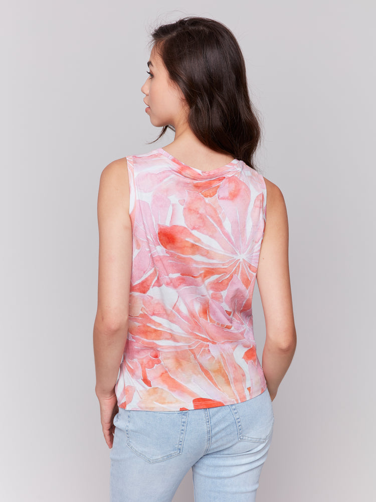 Charlie B Spring/Summer 2025-C1365PPK-P694-Printed Cotton Slub Tank Top W/Knot Detail-Begonia