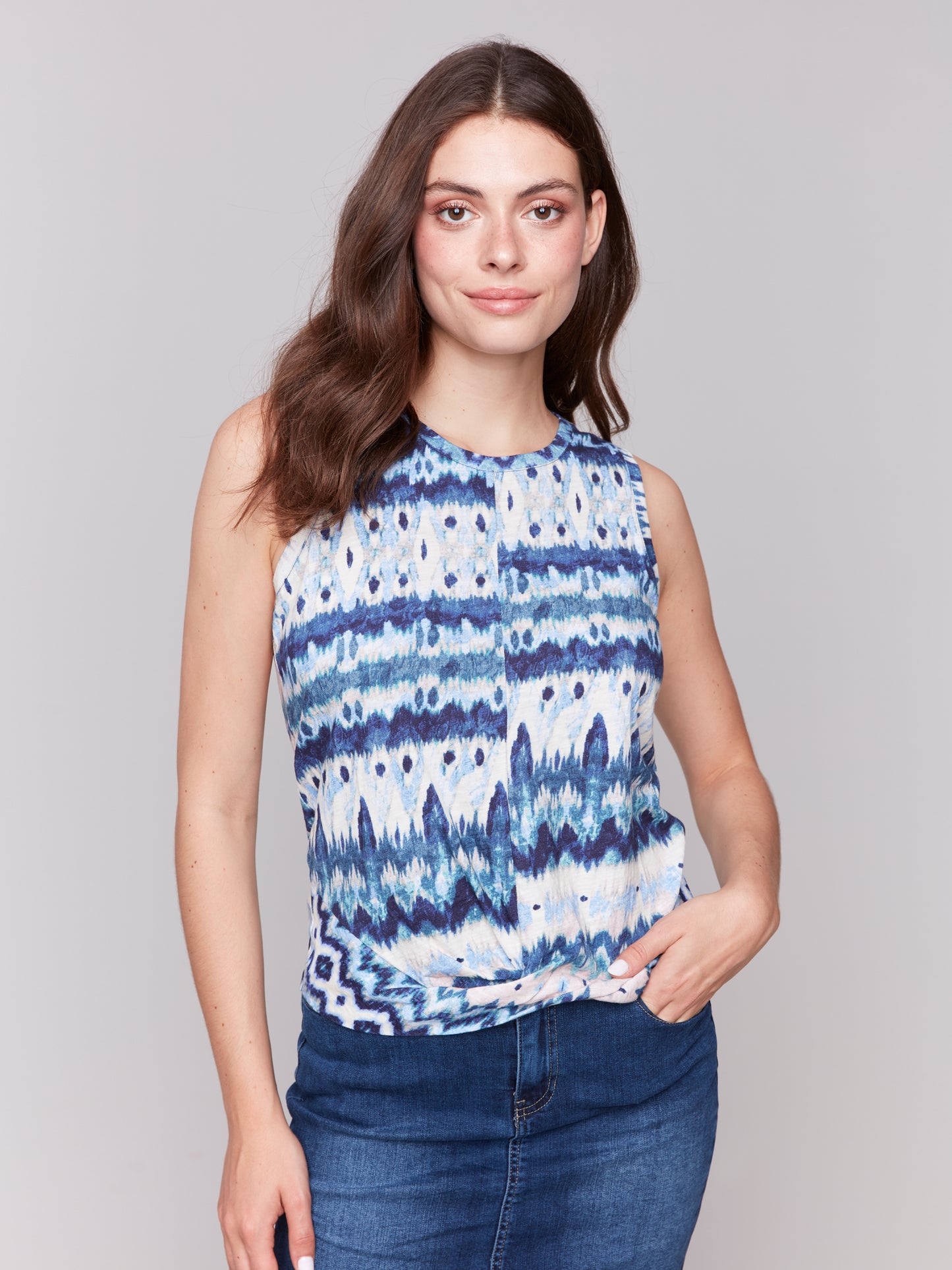 Charlie B Spring/Summer 2025-C1365QPK-P859-Printed Crew Neck Twisted Hem At Front Tank-Lake Tahoe - The Coach Pyramids