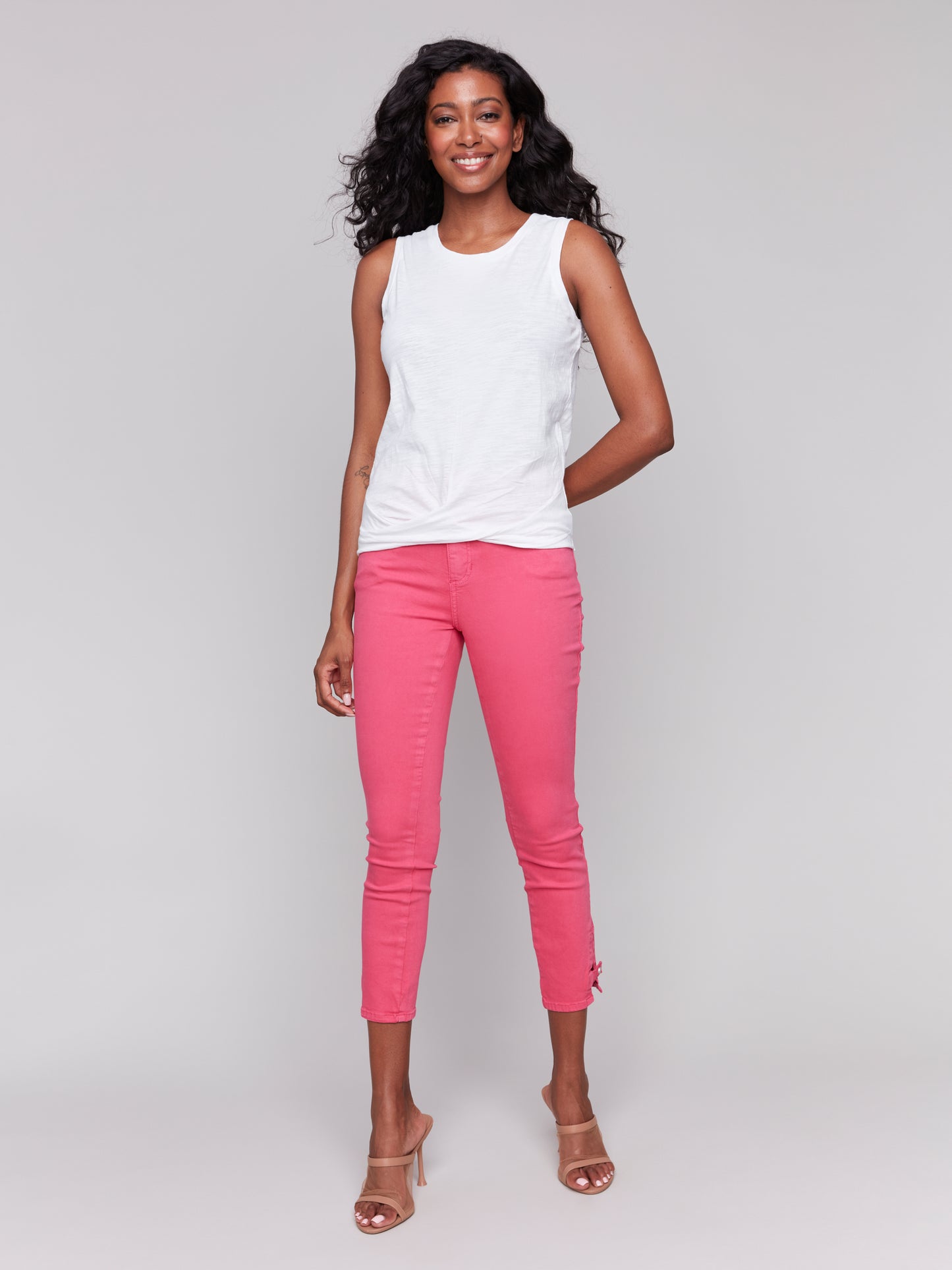 Charlie B Spring/Summer 2025-C1365PPK-002-Printed Cotton Slub Tank Top W/Knot Detail-White - The Coach Pyramids