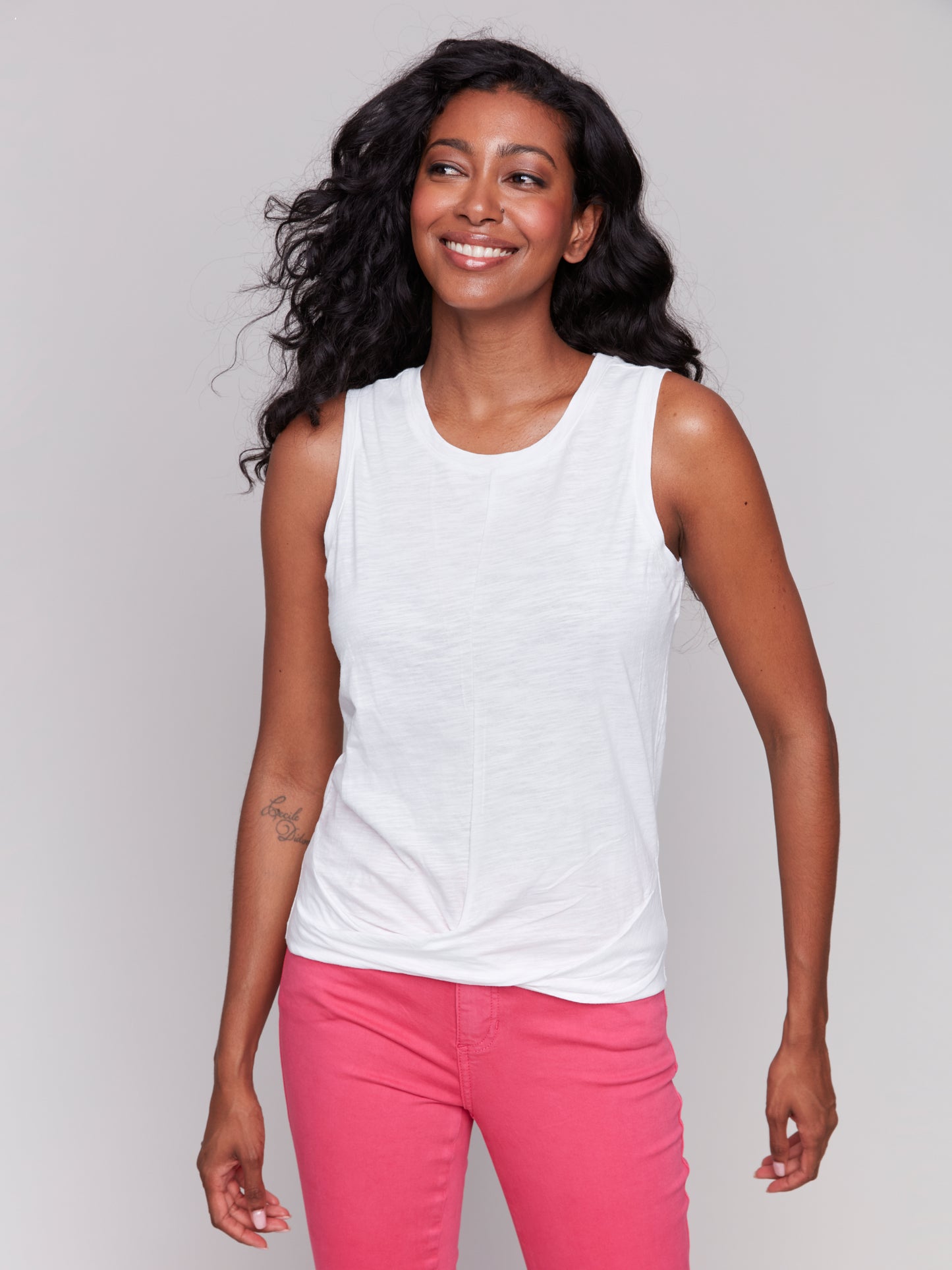 Charlie B Spring/Summer 2025-C1365PPK-002-Printed Cotton Slub Tank Top W/Knot Detail-White - The Coach Pyramids