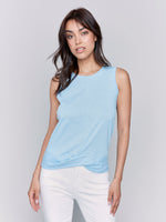 Charlie B Spring/Summer 2025-C1365PPK-239-Printed Cotton Slub Tank Top W/Knot Detail-Blue Bell