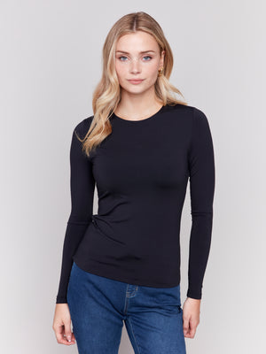 Charlie B Fall 2024-C1367PK-001-Long Sleeve Rib Top-Black