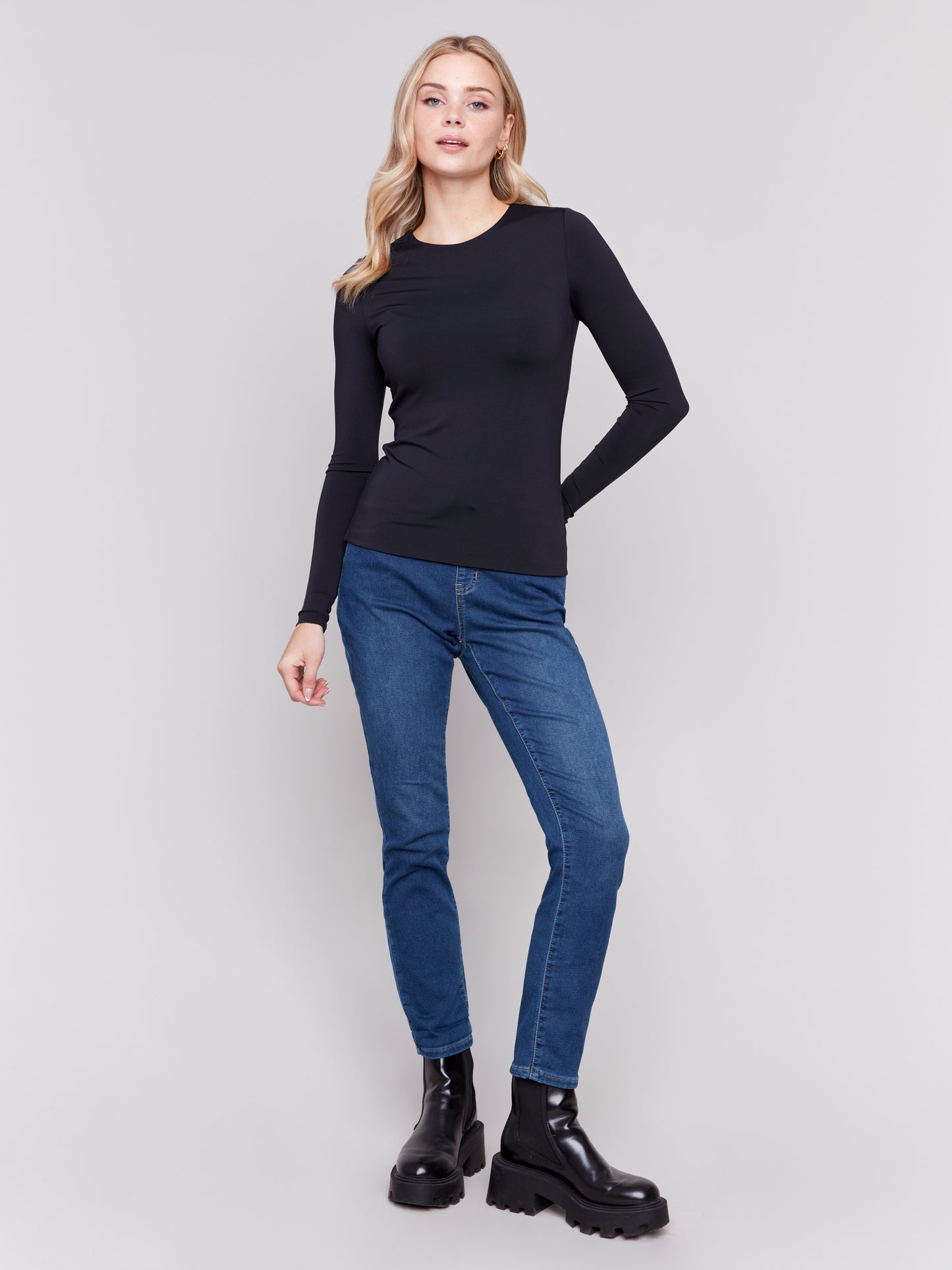 Charlie B Fall 2024-C1367PK-001-Long Sleeve Rib Top-Black - The Coach Pyramids