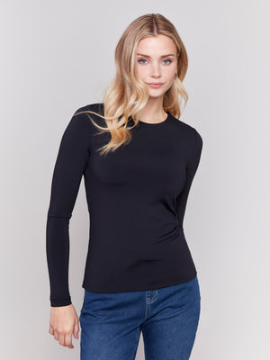 Charlie B Fall 2024-C1367PK-001-Long Sleeve Rib Top-Black