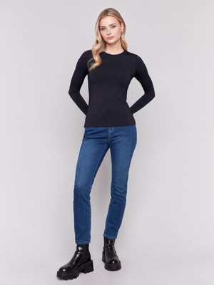 Charlie B Fall 2024-C1367PK-001-Long Sleeve Rib Top-Black