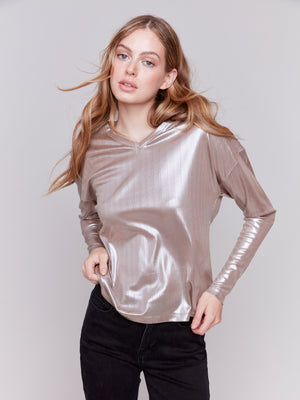 Charlie B Fall 2024-C1368PK-651-Foiled Knit Top W/V Neck-Steel