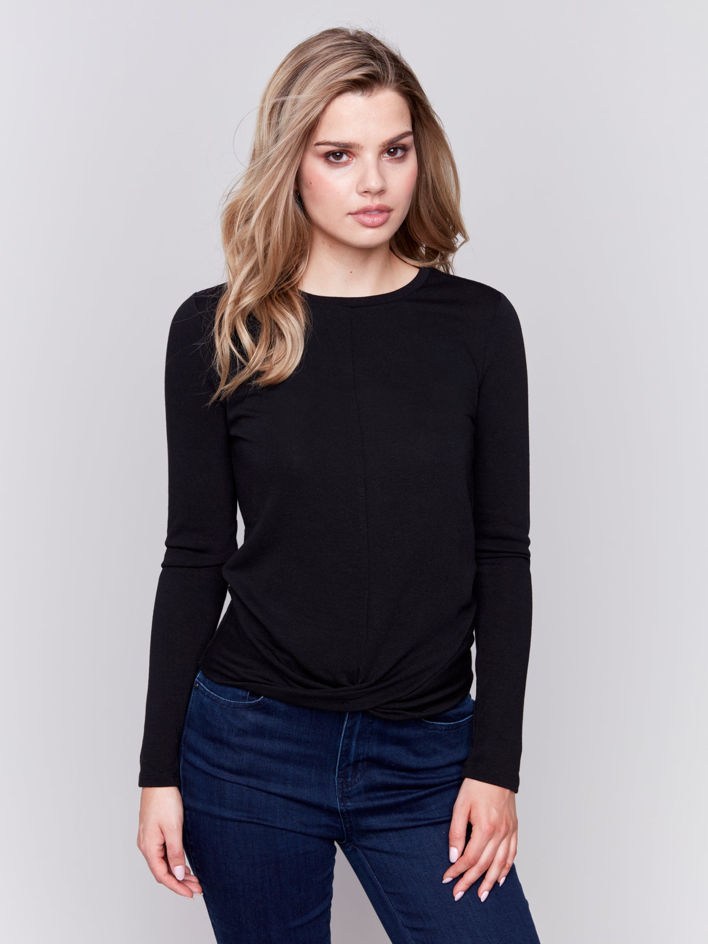 Charlie B Fall 2024-C1373PK-001-Jersey Top W/Front Knot-Black - The Coach Pyramids