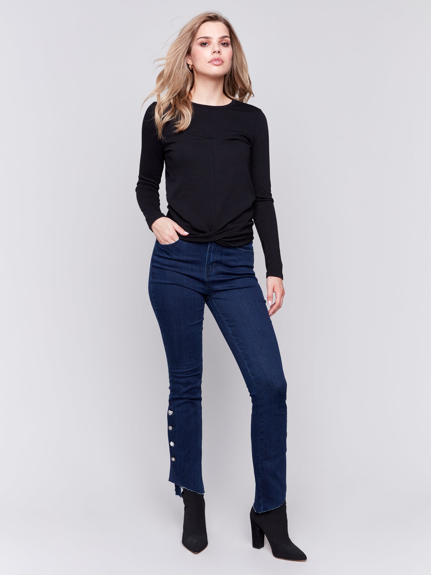 Charlie B Fall 2024-C1373PK-001-Jersey Top W/Front Knot-Black - The Coach Pyramids