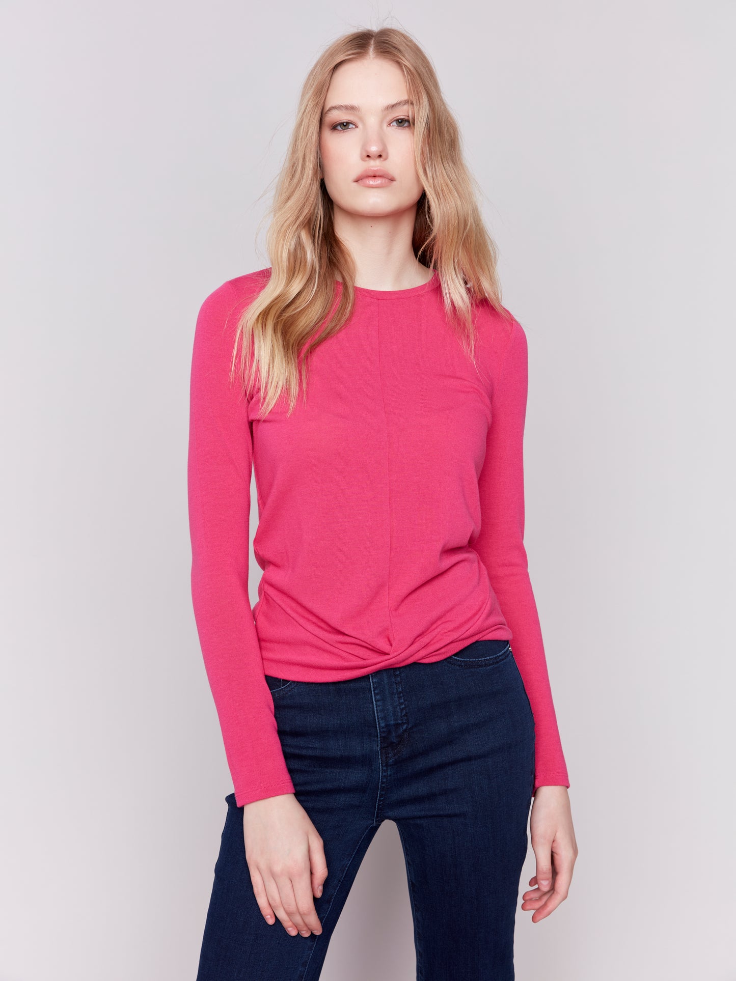 Charlie B Fall 2024-C1373PK-017-Jersey Top W/Front Knot-Magenta - The Coach Pyramids