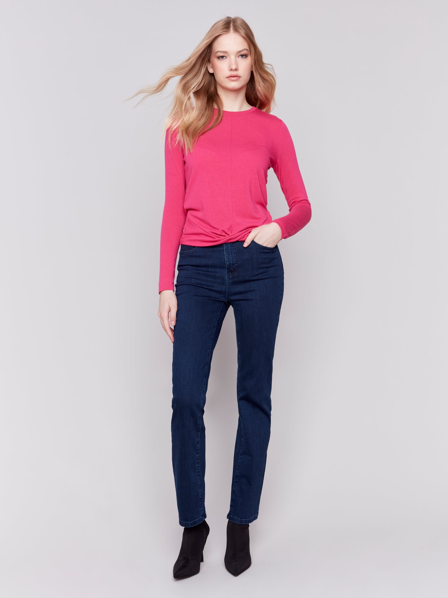 Charlie B Fall 2024-C1373PK-017-Jersey Top W/Front Knot-Magenta - The Coach Pyramids
