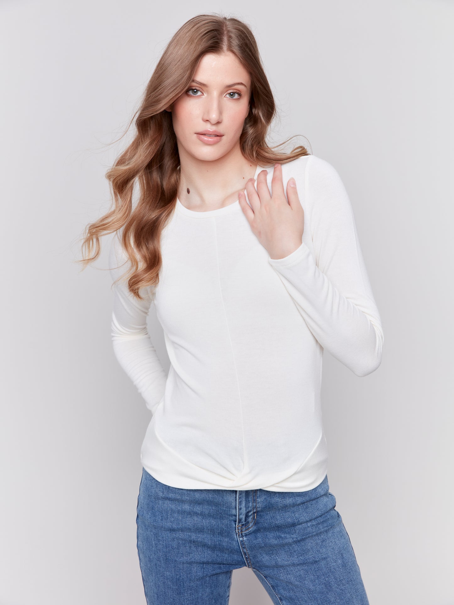 Charlie B Fall 2024-C1373PK-276-Jersey Top W/Front Knot-Ecru - The Coach Pyramids