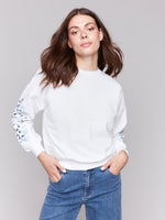 Charlie B Spring/Summer 2025-C1389-208C-Sweatshirt W/Embroidery Sleeves-White