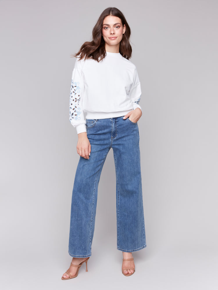 Charlie B Spring/Summer 2025-C1389-208C-Sweatshirt W/Embroidery Sleeves-White