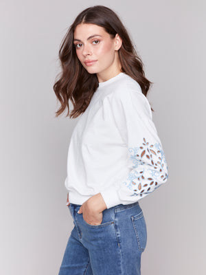 Charlie B Spring/Summer 2025-C1389-208C-Sweatshirt W/Embroidery Sleeves-White