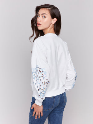 Charlie B Spring/Summer 2025-C1389-208C-Sweatshirt W/Embroidery Sleeves-White