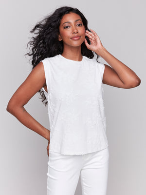 Charlie B Spring/Summer 2025-C1390PK-002-Embroidered Sleeveless Crew Neck Top-White