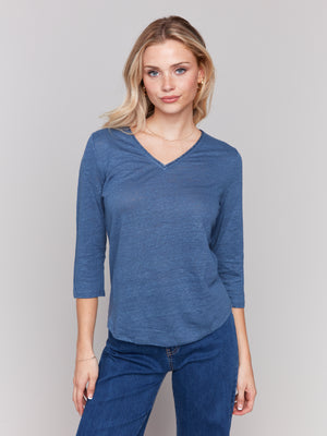 Charlie B Spring/Summer 2025-C1392PK-006-3/4 Sleeve V Neck Top W/Neck Trim-Denim