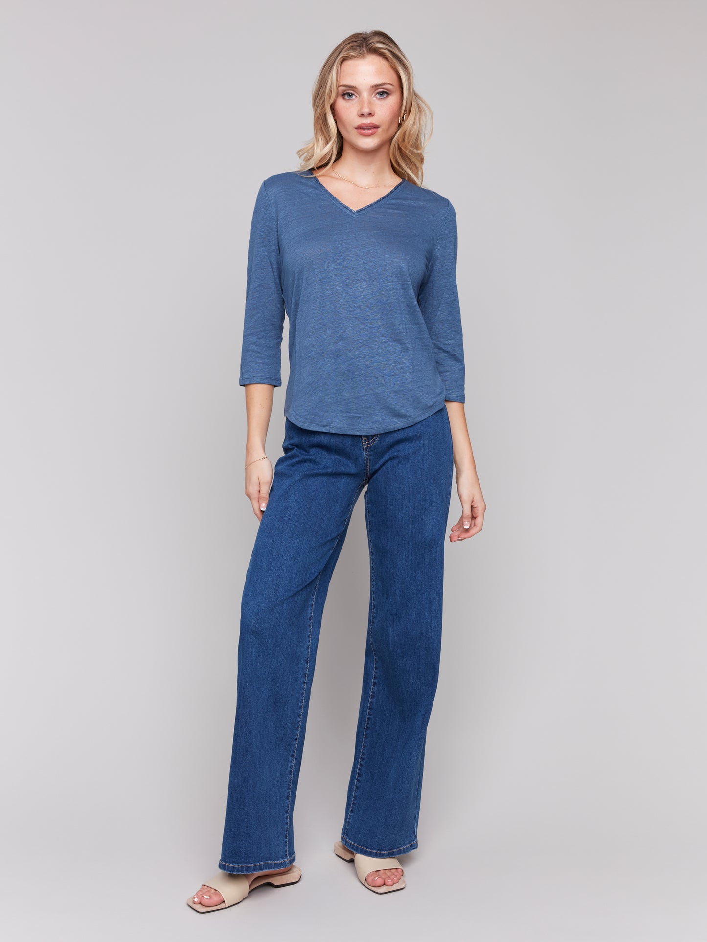 Charlie B Spring/Summer 2025-C1392PK-006-3/4 Sleeve V Neck Top W/Neck Trim-Denim - The Coach Pyramids