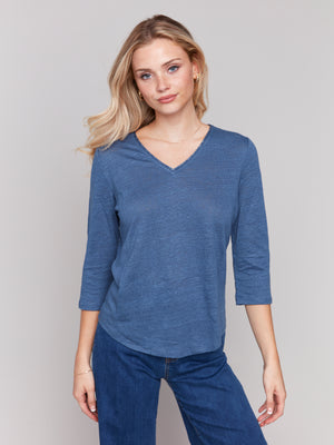 Charlie B Spring/Summer 2025-C1392PK-006-3/4 Sleeve V Neck Top W/Neck Trim-Denim