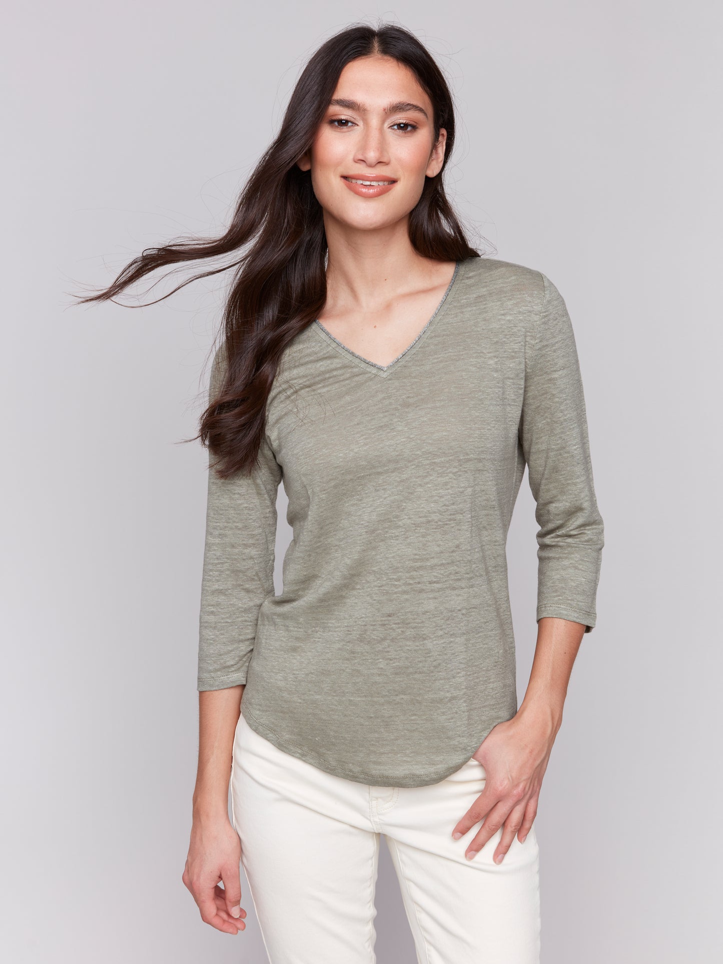 Charlie B Spring/Summer 2025-C1392PK-375-3/4 Sleeve V Neck Top W/Neck Trim-Celadon - The Coach Pyramids