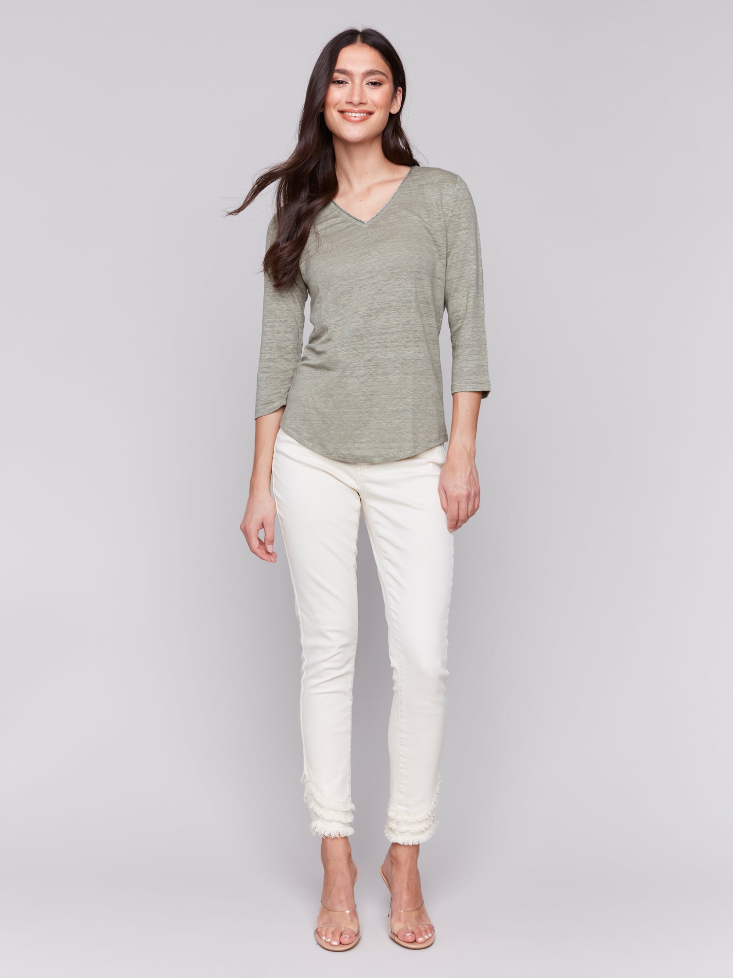 Charlie B Spring/Summer 2025-C1392PK-375-3/4 Sleeve V Neck Top W/Neck Trim-Celadon - The Coach Pyramids