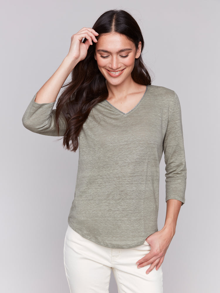 Charlie B Spring/Summer 2025-C1392PK-375-3/4 Sleeve V Neck Top W/Neck Trim-Celadon