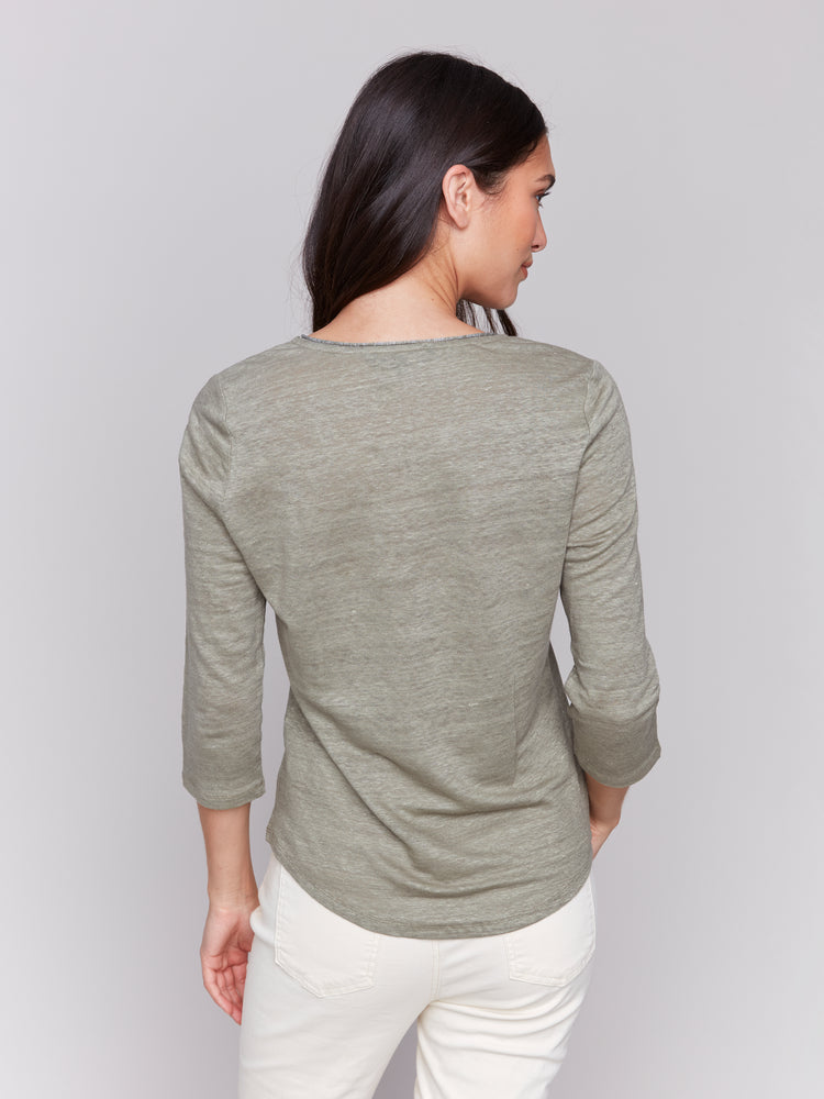 Charlie B Spring/Summer 2025-C1392PK-375-3/4 Sleeve V Neck Top W/Neck Trim-Celadon