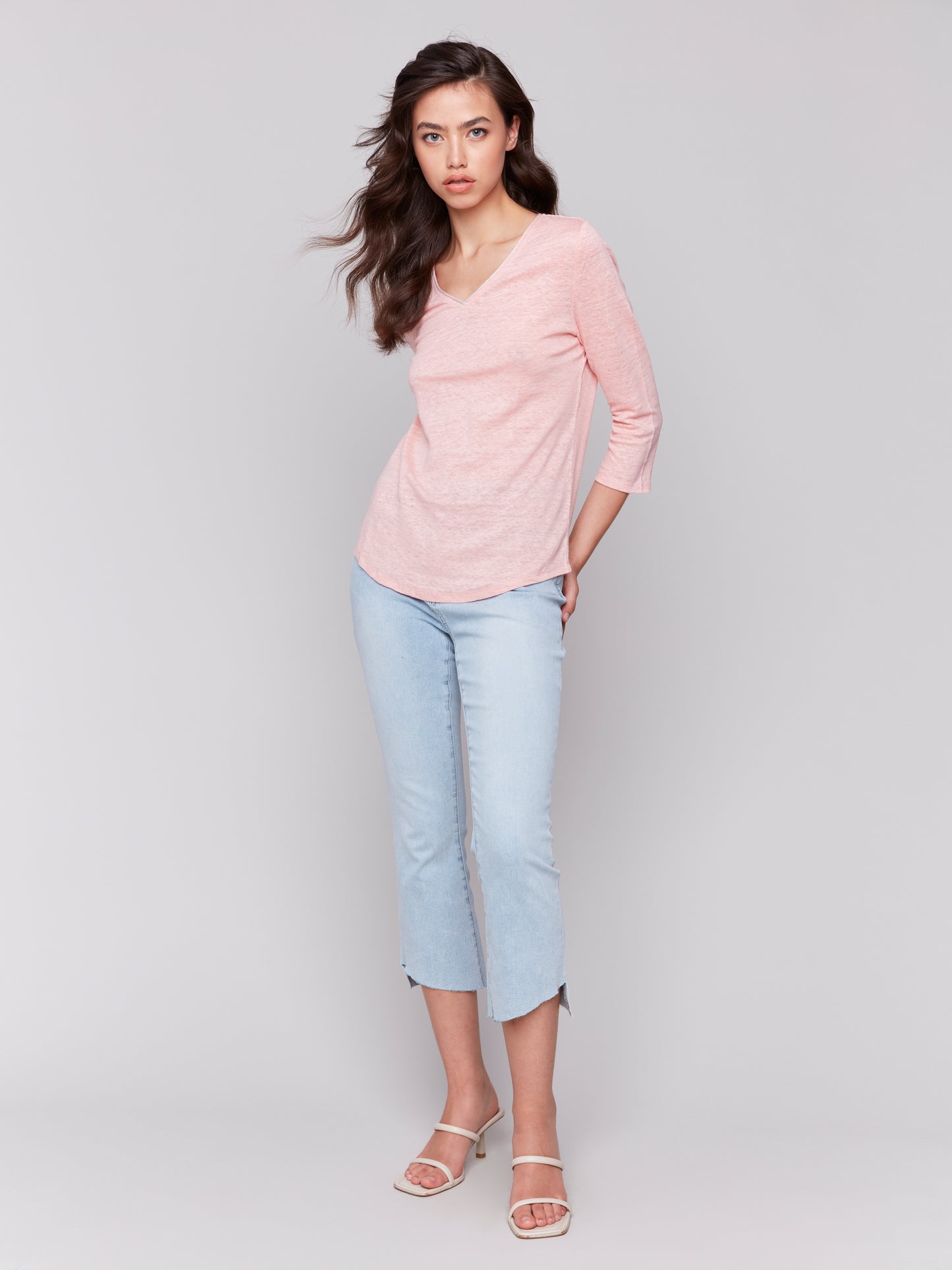 Charlie B Spring/Summer 2025-C1392PK-692-3/4 Sleeve V Neck Top W/Neck Trim-Guava - The Coach Pyramids