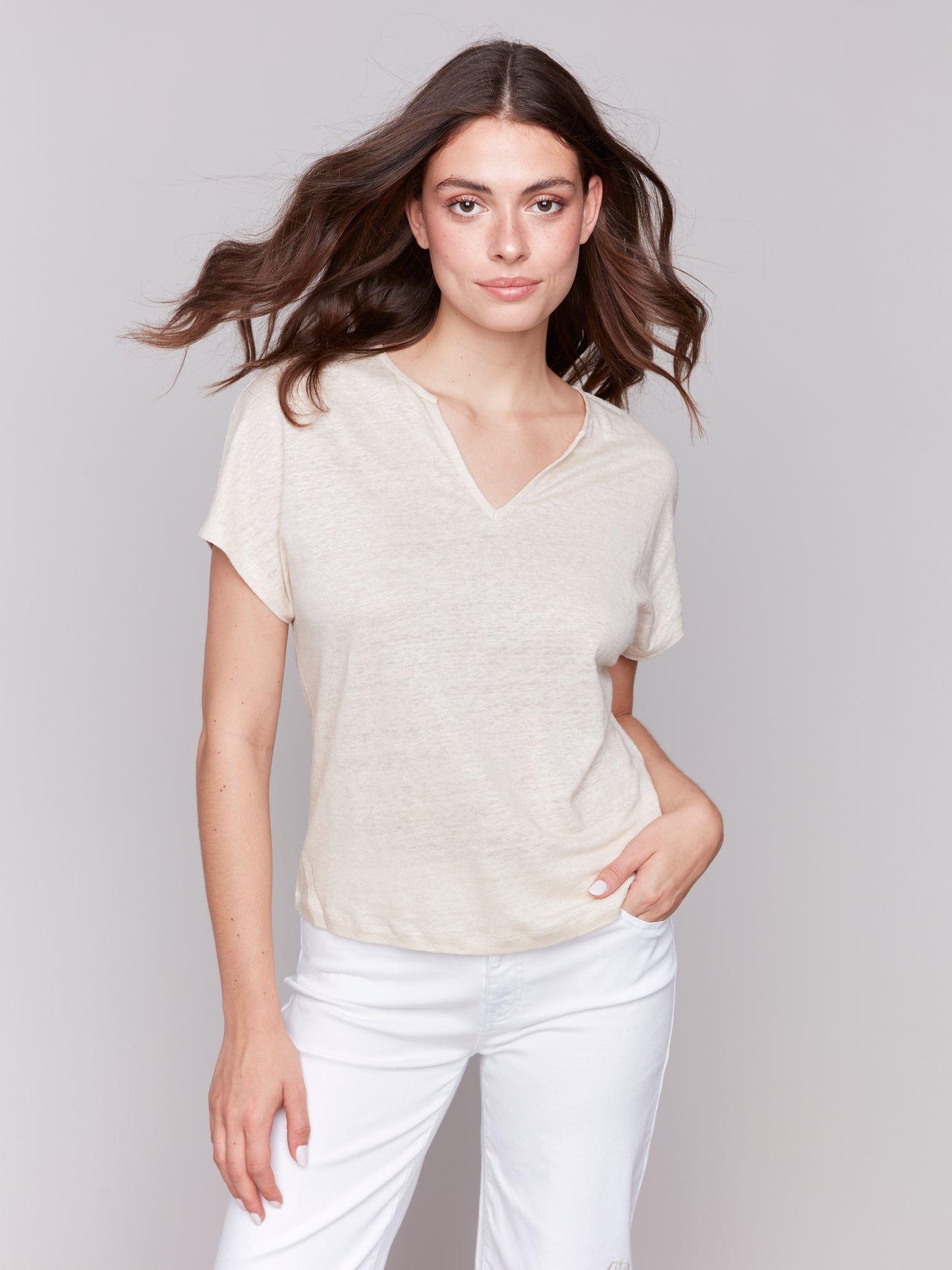 Charlie B Spring/Summer 2025-C1396PK-249-Foil Print Short Sleeve Dolman Top-Champagne - The Coach Pyramids