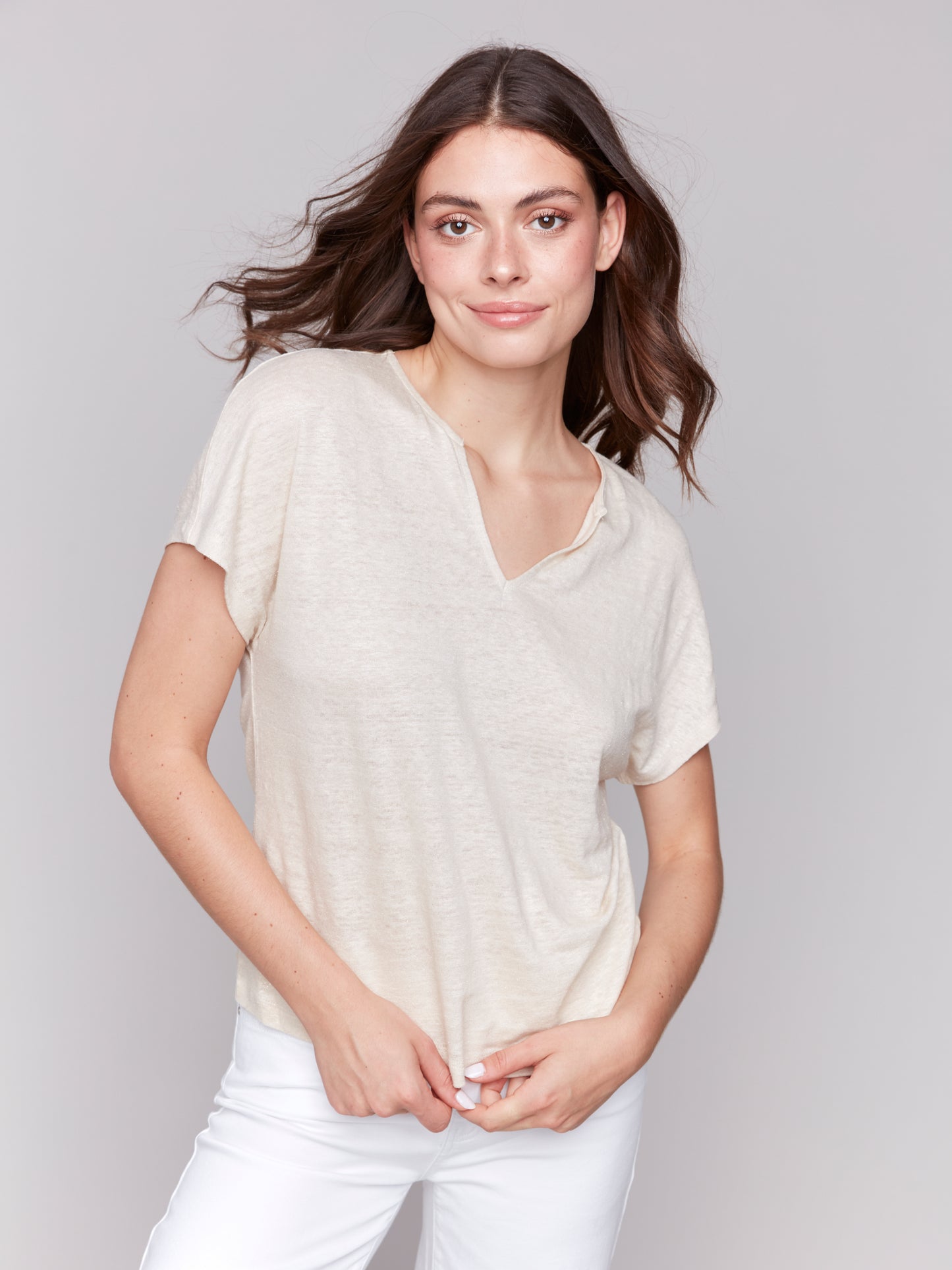 Charlie B Spring/Summer 2025-C1396PK-249-Foil Print Short Sleeve Dolman Top-Champagne - The Coach Pyramids
