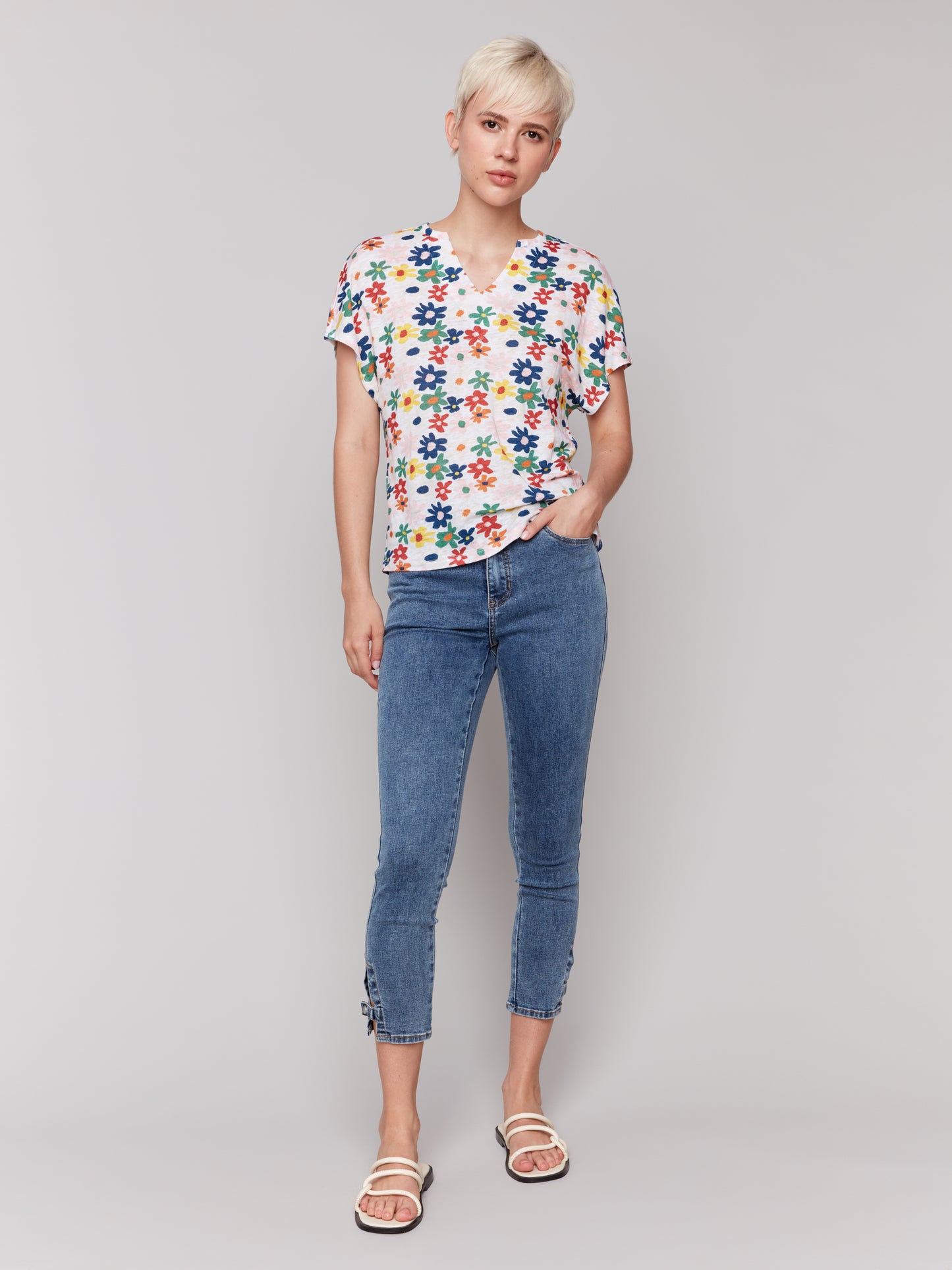 Charlie B Spring/Summer 2025-C1396PK-P565-Printed Split Neck Dolman Short Sleeve Top-Daisies - The Coach Pyramids