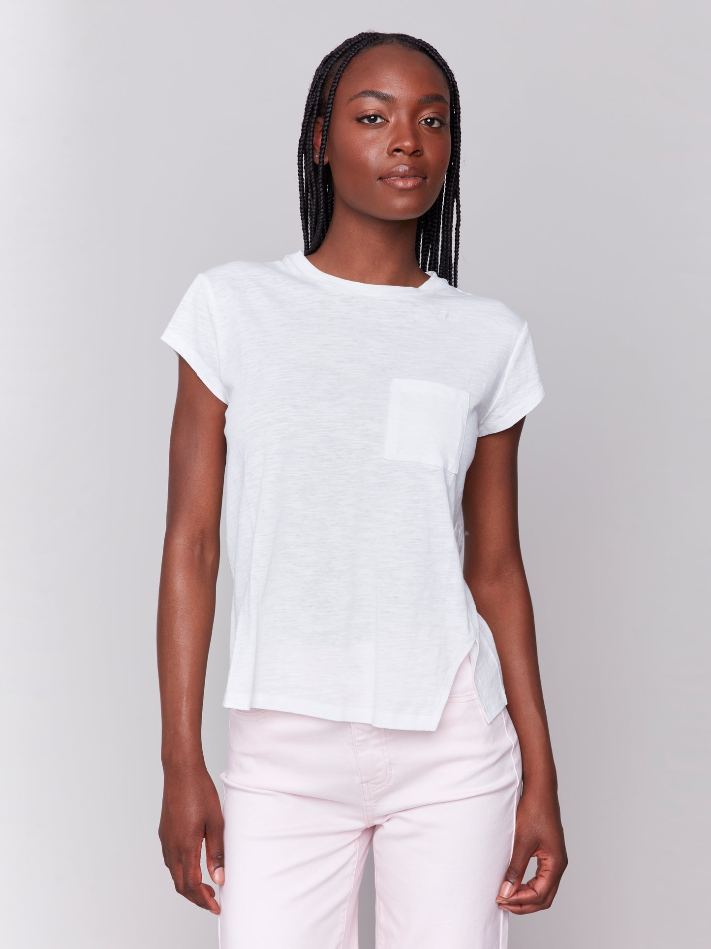 Charlie B Spring/Summer 2025-C1399PK-002-Cap Sleeve Tee W/Chest Pocket Detail-White - The Coach Pyramids