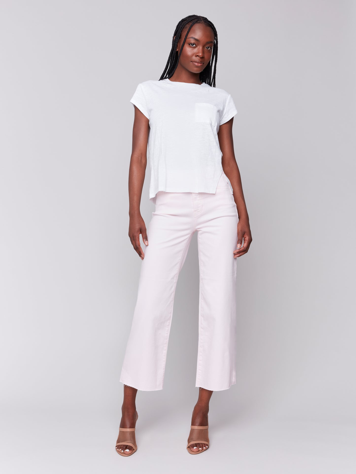 Charlie B Spring/Summer 2025-C1399PK-002-Cap Sleeve Tee W/Chest Pocket Detail-White - The Coach Pyramids