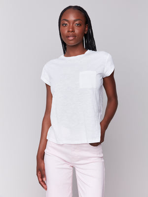 Charlie B Spring/Summer 2025-C1399PK-002-Cap Sleeve Tee W/Chest Pocket Detail-White