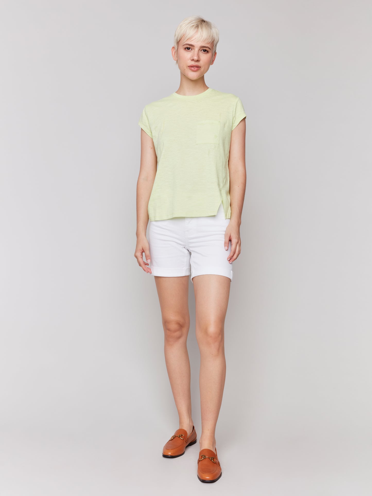 Charlie B Spring/Summer 2025-C1399PK-015-Cap Sleeve Tee W/Chest Pocket Detail-Key Lime - The Coach Pyramids