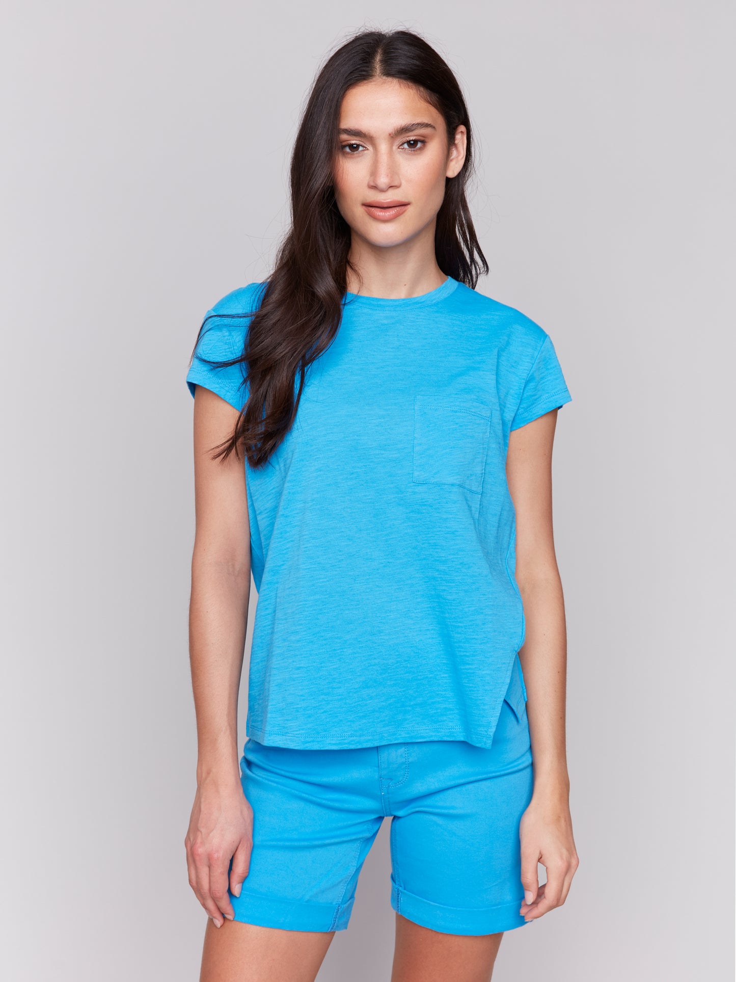 Charlie B Spring/Summer 2025-C1399PK-057-Cap Sleeve Tee W/Chest Pocket Detail-Lagoon - The Coach Pyramids
