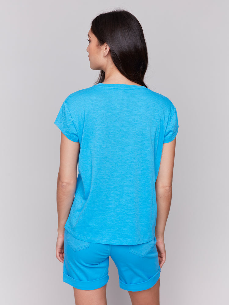 Charlie B Spring/Summer 2025-C1399PK-057-Cap Sleeve Tee W/Chest Pocket Detail-Lagoon