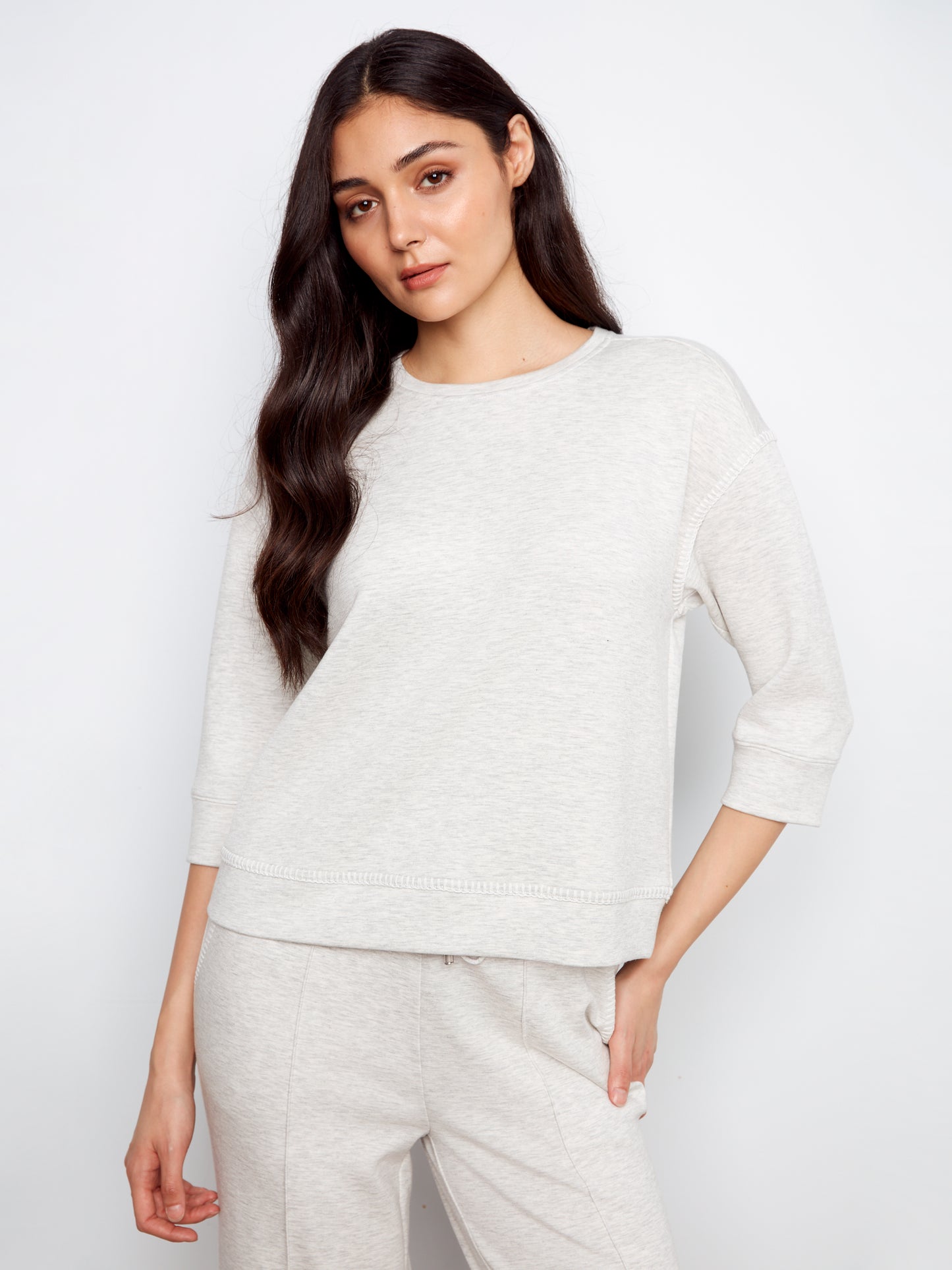 Charlie B-C1425-909-Soft Scuba 3/4 Sleeve Top W/Blanket Stitch-LT Grey - The Coach Pyramids
