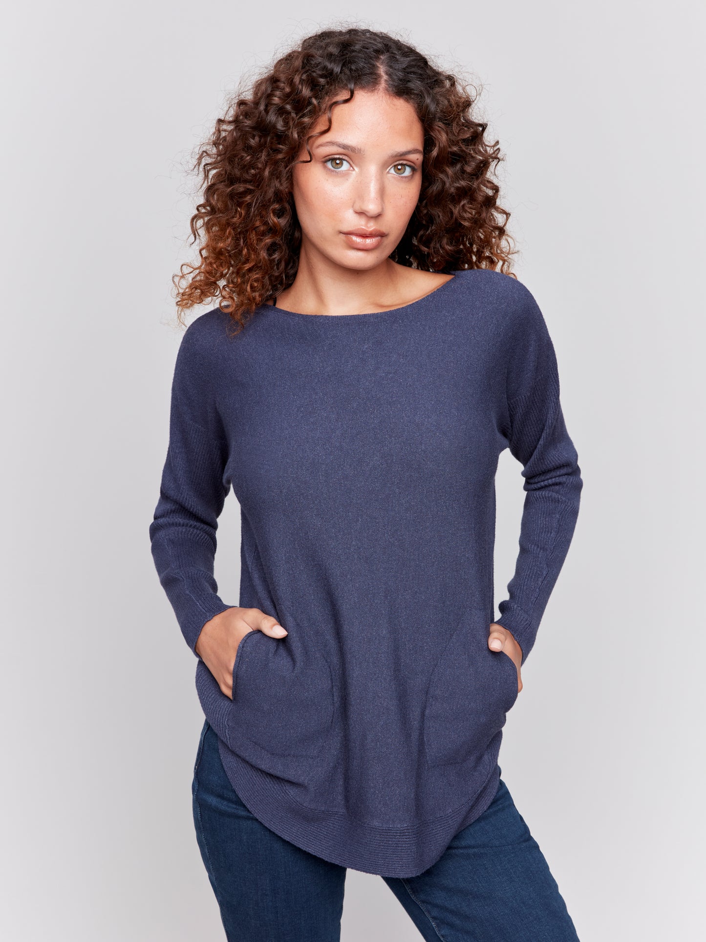 Charlie B Fall 2024-C2170W-011-Plushy Knit Crew Neck Sweater-Denim - The Coach Pyramids