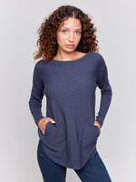 Charlie B Fall/Winter 2025-C2170Z-464A-Sweater W/BackLace Up Detail-Denim - The Coach Pyramids