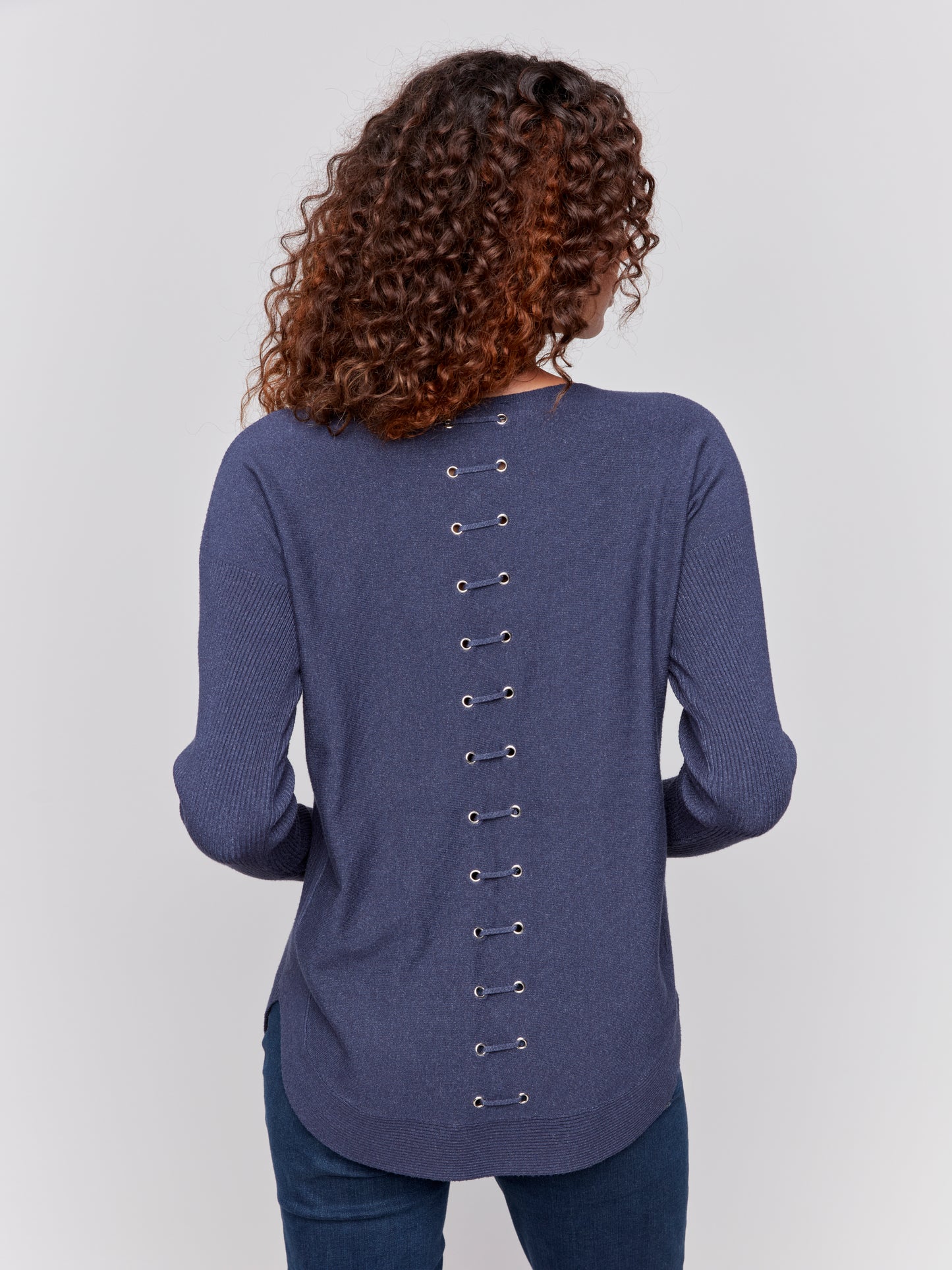 Charlie B Fall 2024-C2170W-011-Plushy Knit Crew Neck Sweater-Denim - The Coach Pyramids