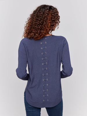 Charlie B Fall/Winter 2025-C2170Z-464A-Sweater W/BackLace Up Detail-Denim - The Coach Pyramids